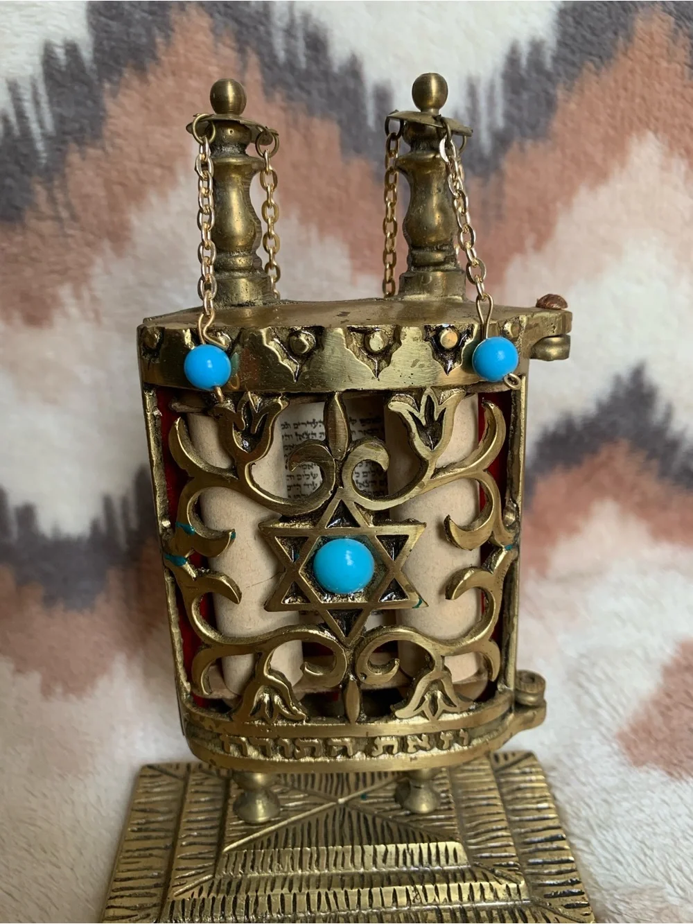 Vintage Judaica Brass Torah Holder Ten Commandments on Stand w/ Cover Israel